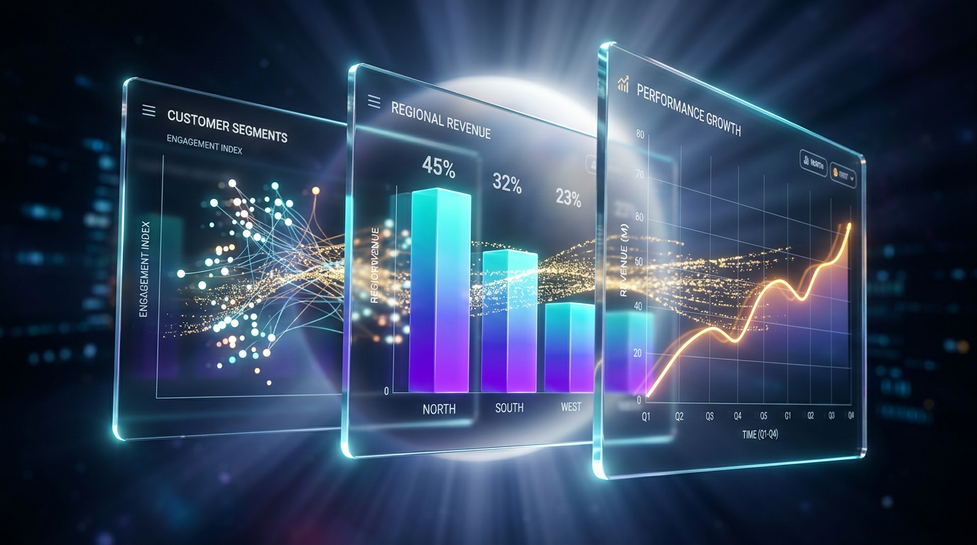 Data analytics showcase — layered glass dashboards
